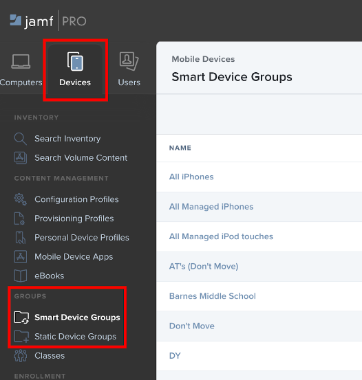 Jamf Pro devices tab with GROUPS section highlighted